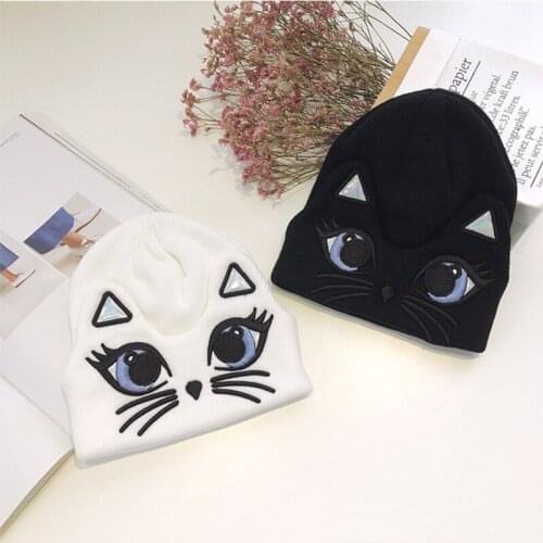 Japanese Women Winter Warm Knitted Cuffed Beanie Hat Cute Big Eyes Cat Embroidered Holographic Ears Windproof Skull Cap