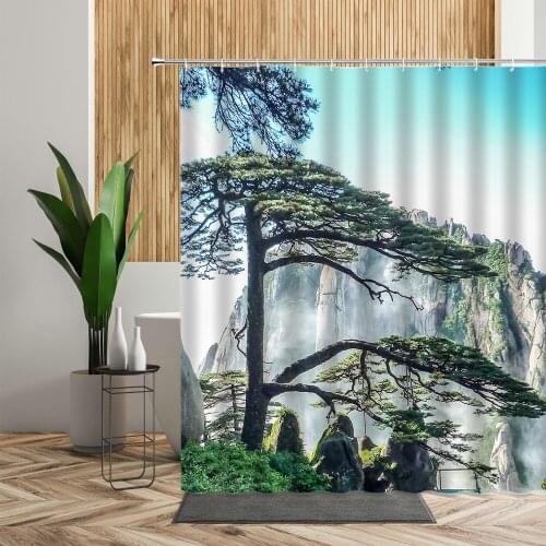 Chinese Landscape Shower Curtain Mountain Green Pine Tree Nature Scenery Bathroom Decor 3D Waterproof Bath Screen Cloth Curtains