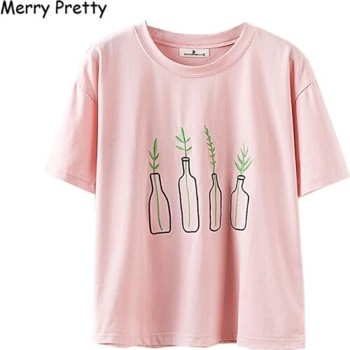 Merry Pretty New Women T-shirt Harajuku Bottle Plants Pattern Embroidery T Shirt Cotton Short Sleeve Funny Sweet Girls Pink Tops