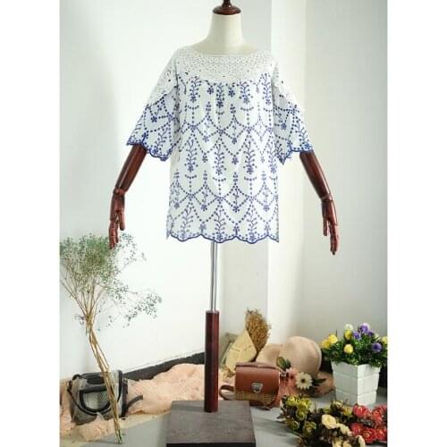 Womens Spring Summer short sleeve Hollow out lace embroidery vintage shirt Female casual loose cotton tops o-neck blouse TB1376