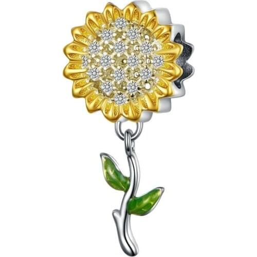 Abalorio de girasol de Color dorado para mujer, pulsera de plata de ley 925, cuentas de hoja de esmalte plateado, accesor