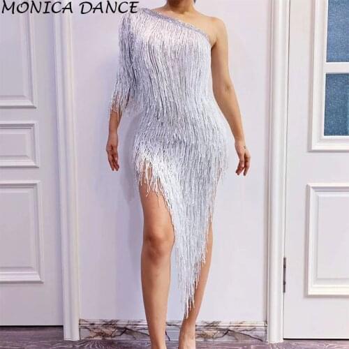 Women Sexy White Tassel Single Shoulder Dress Evening Party Rhinestones Fringes Latin Dance Dress Birthday Celebrate White Dress