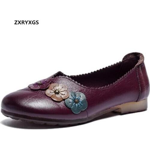 ZXRYXGS Ethnic Style Big Size Autumn Genuine Leather Shoes Flat Shoes 2021 Elegance Flower Fashion Shoes Comfort Soft Trend Shoe