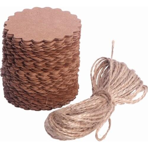 100pcs 60mm Round Scalloped Kraft Paper / Gift Tag / DIY Tag / Luggage Tag / Price Label with 10M Jute Twine