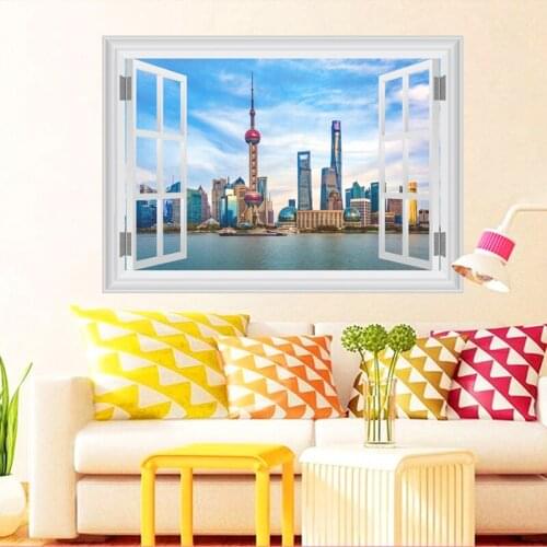 3d window the oriental pearl radio tv tower wall stickers home decor living room China Shanghai scenery wall decals mural poster