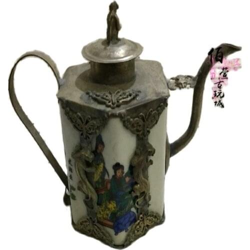 Antique white copper, Miao silver porcelain, handicraft, figure, kettle, teapot, wine pot, furniture, ornament