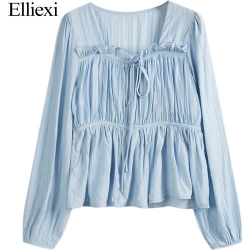 Elliexi French Blouse Shirt Spring Autumn Long Sleeve Pleat Drawstring Chic Shirt Tops Women Square Collar Female Office Blouses