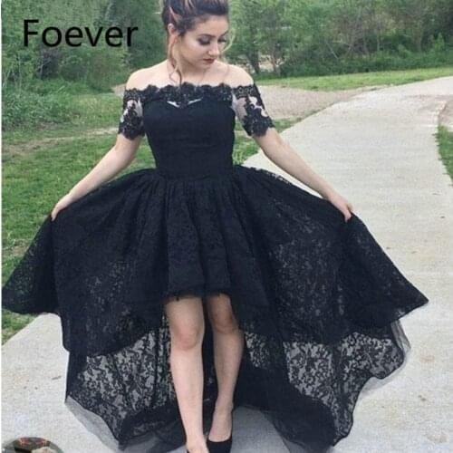 Black Lace High Low Prom Dresses Off Shoulder Boat Neck Short Sleeve Asymmetrical Prom Gowns 2019