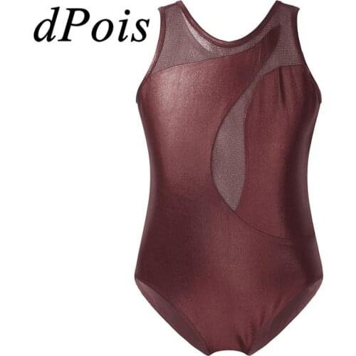 Kids Dancewear Girls Patent Leather Sleeveless Asymmetrical Swirl Tulle Splice Ballet Dance Leotards Gymnastics Leotard Jumpsuit