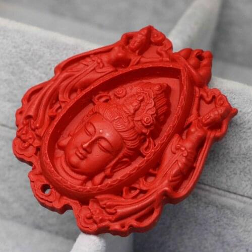 Elegant synthetic red cinnabar carved lucky buddhas head-shape pendant fit chain necklace car decoration accessory 51*60mm B1530