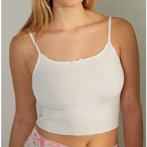Summer crop tops women knitted cami top knitted cropped top vintage korean fashion ribbed tops sexy tie front top white black