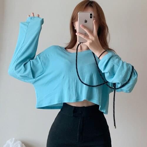 Girls' Summer Top Short Basic Long Sleeve Looks Thin Loose Casual And Simple Solid Color Pullover T-shirt Korea S349