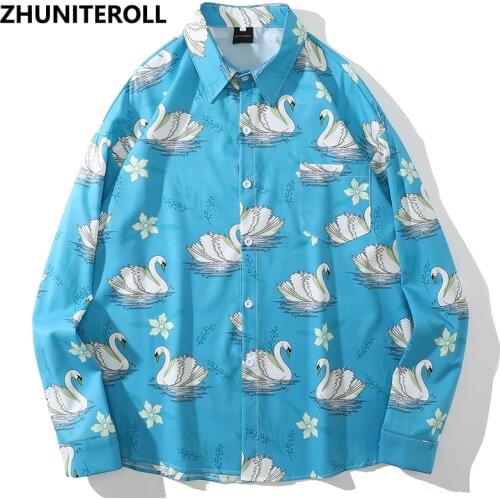 Fashion 2021 Harajuku Men Hawaiian Shirt Hip Hop Swan Print Button Beach Shirt Summer Long Sleeve Aloha Shirt Streetwear Tops