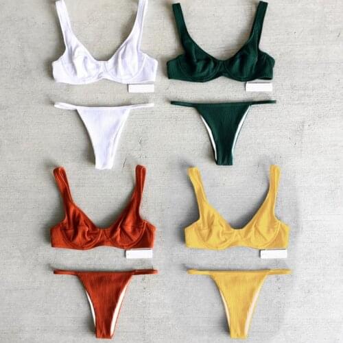 2018 New Sexy Solid Bikinis Women Thong Swimsuit Push Up Swimwear Monokini Brazilian Bikini Set Halter Retro Beach Bathing Suits