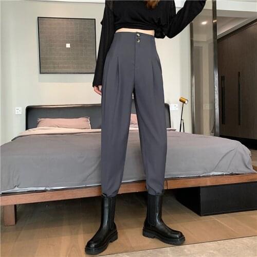 2020 Brand New Grey Suit Pants Harem Pants Two-button Loose High Waist Slim Ankle Pants Casual Pants Pantalones Mujer