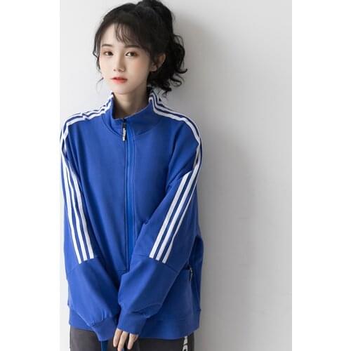 Autumn 2021 new coat womens Korean loose retro spring and autumn Blue Baseball suit Harajuku casual zipper top