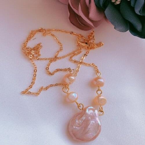 Natural Color coin Baroque Pearl Necklace 18KGP 18 inch necklace Cultured Accessories