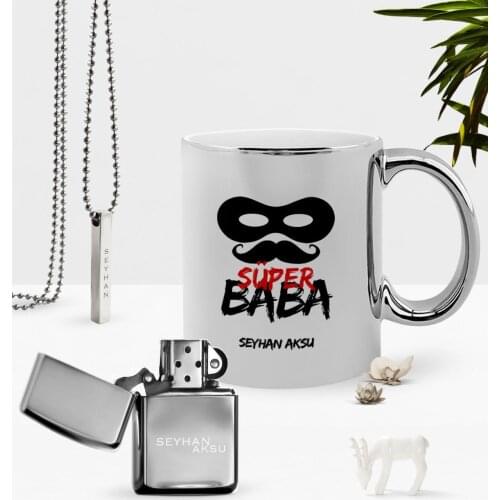 Personalized Super Dad Chrome Mug Gasoline Lighter Pendant Set-4