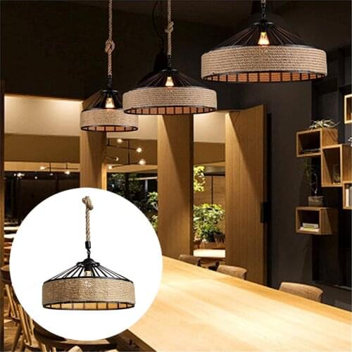 Retro Vintage Chandelier Light Industrial Hemp Rope Ceiling Lamp Round Pendant Light Iron Lighting Fixture For Home Cafe Bar