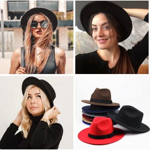 2021 Vintage Winter Autumn Woolen Women Hat Classic Solid Color Felt Fedoras Hats Female Lady Wide Brim Flat Top Jazz Cap