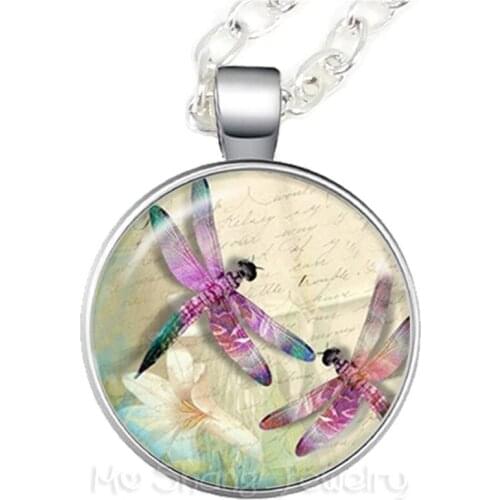 Dragonfly Insect Necklace Glass Cabochon Wild Animal World Pendant Glass Dome Wing Fly Jewelry Sweater chain
