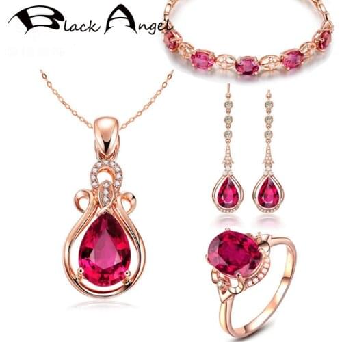 BLACK ANGEL Fashion 18K Gold Jewelry Set Luxury Ruby Crystal Long Earrings Necklace Bracelet Open Ring For Women Engagement Gift