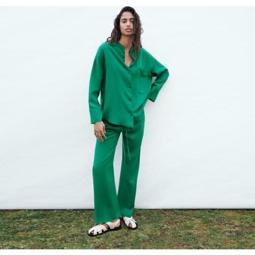 2021 Za Green High Waist Pants Women Adjustable Elastic Drawstring Waist Vintage Trousers Woman Summer Casual Wide Leg Pants