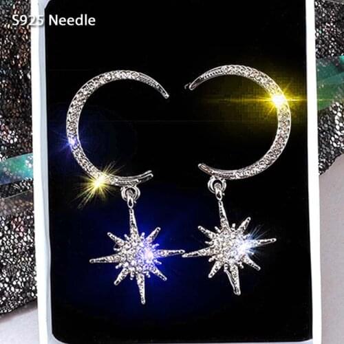 Real 925 Sterling Silver Needle Long Dangle Earrings for Women Jewelry Moon Star Rhinestone Statement Drop Tassel Earrings