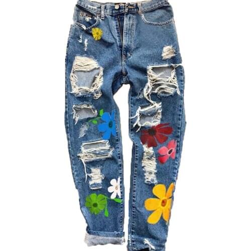 Women Ripped Hole Floral Jeans High Waist Flower Print Trousers with Pockets Casual Bottoms 100% Cotton Straight Denim Jeans