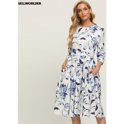 Womens Retro DressThree-quarter Sleeves Slim Dress Temperament Elegant floral Round Neck A-line dress