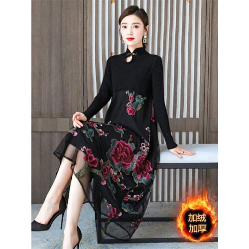 Embroidered Qipao Patchwork Knitted Long Sleeve Dress Women Fall Winter High End Temperament Elegant Hollow Party Robes Y1139