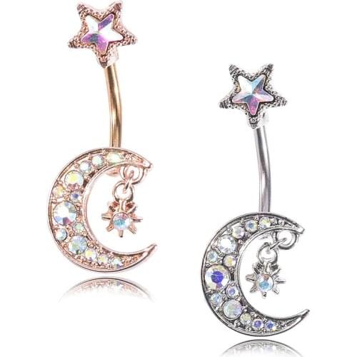 1PC 316L Stainless Steel 14g Belly Rings Moon Star Crystal Belly Button Rings Navel Piercing Nombril Ombligo Body Jewelry
