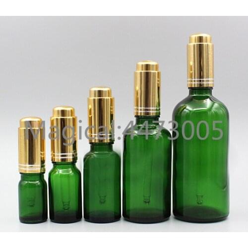 2/10pcs 5ml 10ml 15ml 20ml 30ml 50ml 100ml Empty Green Essential Oil Bottle Light Gold Press Pump Dropping Cover with Pipette