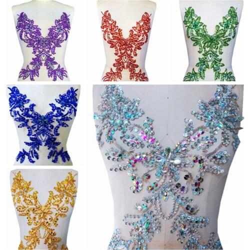 10 colour Handmade Sew on rhinestones applique on mesh trim patches 39*29cm for wedding dress clothes accessory