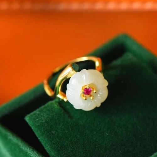 Natural Hetian White Jade Flower Plum Blossom Ring Opening Adjustable Size S925 Sterling Silver Mosaicagate Jasper Ring