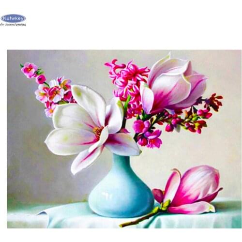 Diamond Embroidery Magnolia Handicraft 5D Diamond Painting Vase Pink Flowers Diamond Mosaic Boat Needlework Decor For Home New