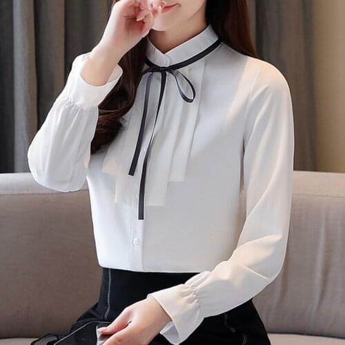 Fashion Woman Blouses 2021 Long Sleeve Blouse Women Stand Collar Chiffon White Blouse Women Tops Womens Tops And Blouses C487
