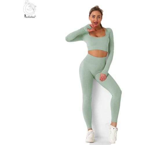 Sexy Low Collar Workout Sets Women 2 Piece Yoga Fitness Clothes Exercise Sportswear Seamless Legging Crop Top Gym Clothes Large