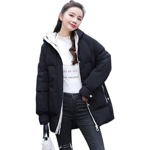 Korean 2021 Winter Jacket Women Hooded Khaki Black Female Down Coat Loose Oversized Womens Mid-length Parka Thick Warm Outerwear