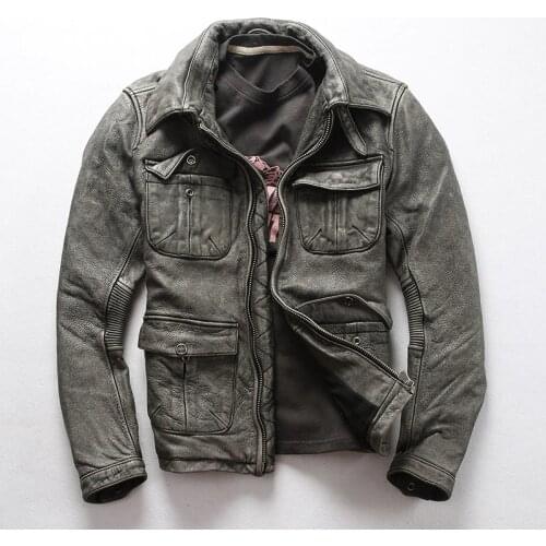 AVFLY 2020 Men Vintage Gray Genuine Cowskin Motorcycle leather jacket Fashion Multi-pocket Cowhide Jackets Winter Russia Coat