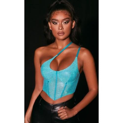 New Style Bling Rhinestone Oblique Shoulder Camisole Bar Nightclub Dancing Vest Pole Dance Costume Clothes Rave Outfits YS1565