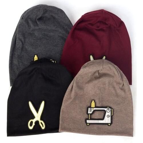 Scissors Sewing M achine Applique Skullies Beanies Women Baggy Cotton Winter Hats Female Ladies Solid Color Bonnet Caps Casual