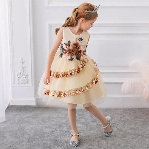 Flower Beading Layer Tutu Girls Princess Communion Children Pageant Party Infant Summer Dresses Vestidos Prom Kids Baby Clothes