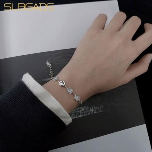 Subeads 925 Sterling Silver Smiling Face Funny Bracelet Thai Silver Happy Expression Vintage Bracelet For Women Best Friend Gift