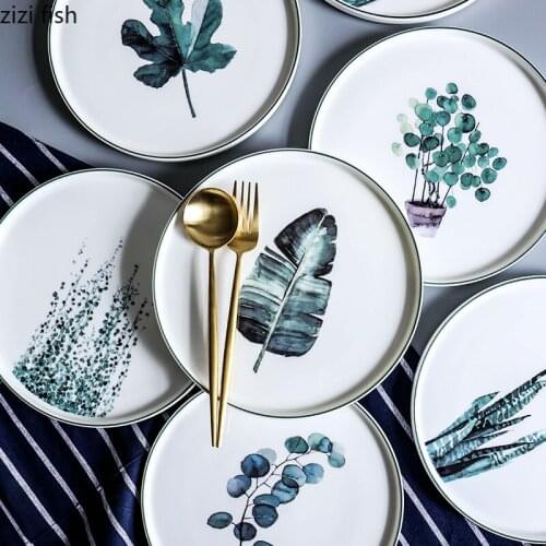 Nordic Style Hand Painted Round Ceramics Plate Fruit Salad Plates Western Dish Set Dish Snack Plate Cake Decorative Tableware