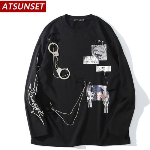 ATSUNSET Anime Printing Sweatshirt Men Hip Hop Streetwear Vintage Style Harajuku Handcuffs Hoodie Pullover Summer Top