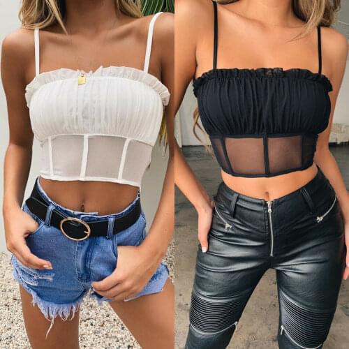 Summer Hot Womens Sexy Chiffon Tank Crop Top Sleeveless Vest Off Shoulder Camisole Spaghetti Strap Ruched Tank Tops Clothes