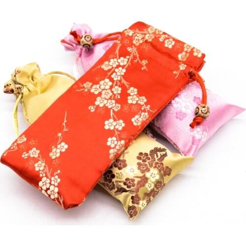 8 x 18 cm Cherry blossoms Lengthen Drawstring Pouch Jewelry Packaging Necklace Gift Bag Silk Satin Wooden Comb Storage Pocket