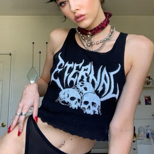 Y2K Sexy Punk Goth Crop Tops Womens Summer Skull Print Vest Top Black White Fashion Round Neck Sleeveless Slim Tank Top Mujer
