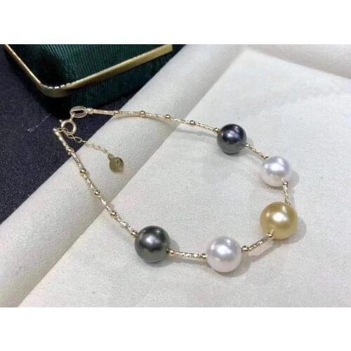 D915 Pearl Bracelet Fine Jewelry Solid 18K Gold Round Sea Water Tahiti Pearls and Gold Pearls and Fresh Water White Pearls
